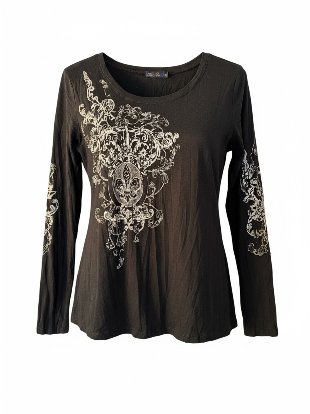 Seven7 Black Long Sleeve Tee with Cream Fleur-de-Lis Print